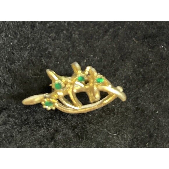Vintage Wishbone Brooch Pin Gold Tone with Emerald Green Rhinestones 1.5" - Picture 2 of 5
